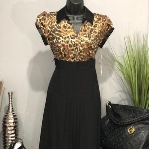CASUAL BLACK DRESS WITH LEOPARD PRINT CONTRAST